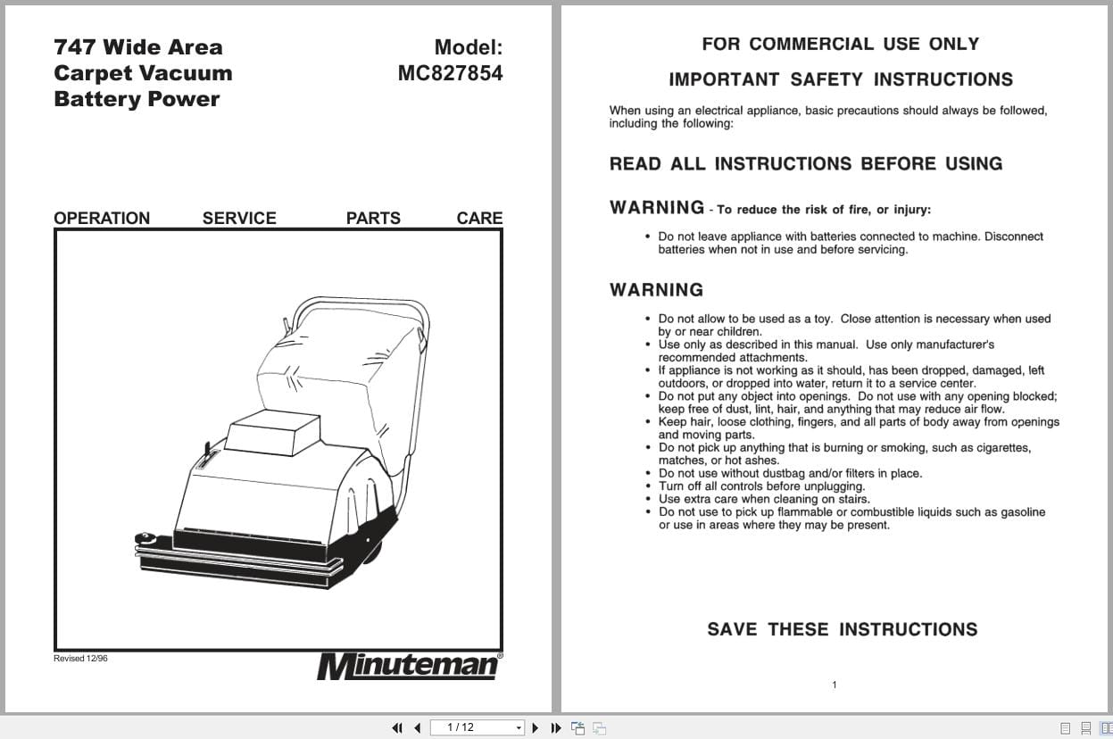 Minuteman 724 Carpet Vacuum MC827854 Operation Service Parts Care 987838 (1)
