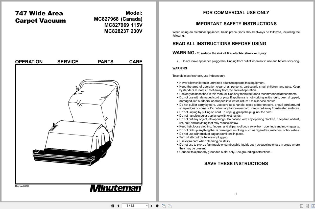 Minuteman 747 Carpet Vacuum MC827968 MC827969 MC828237 Operation Service Parts 987839 2002 (1)