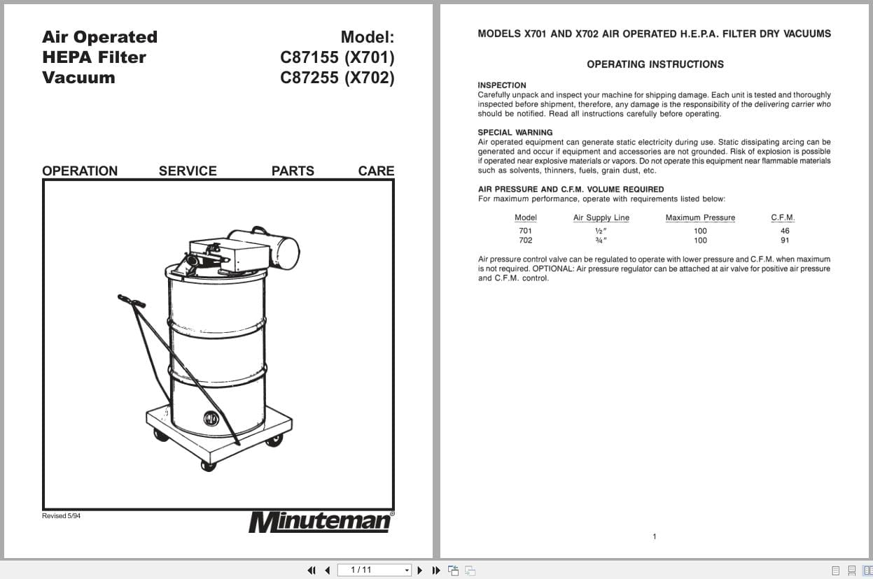 Minuteman Air Operated HEPA Filter Vacuum C87155 C87255 Operation Service Parts 987881 (1)