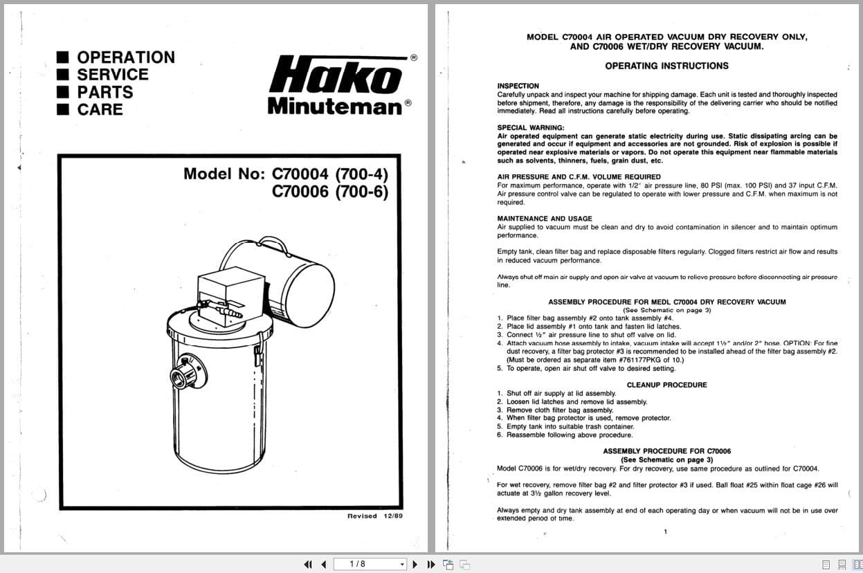 Minuteman Air Operated Vacuum 700 Series Operation Service Parts Care (1)