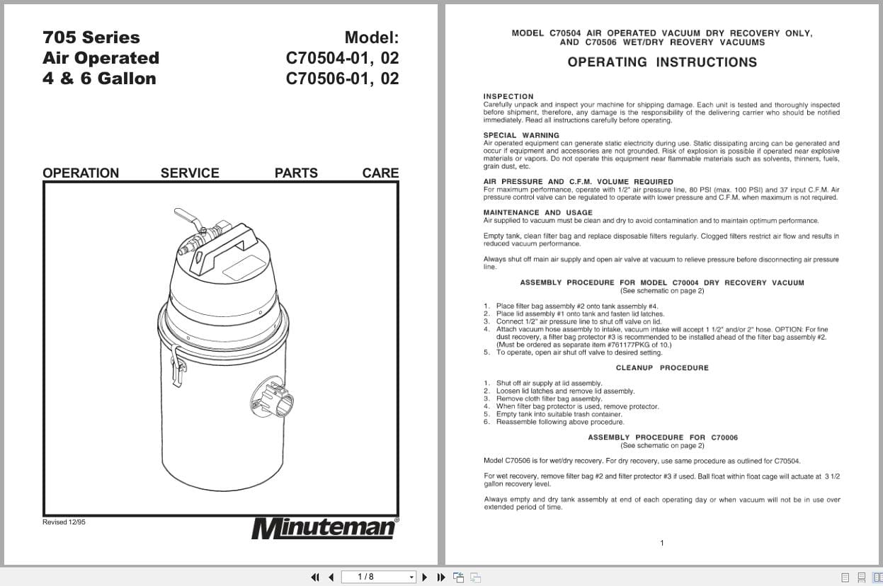Minuteman Air Operated Vacuum 705 Series Operation Service Parts Care (1)