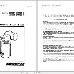 Minuteman Air Operated Vacuum C87004 C87006 Operation Service Parts Care 987807 (1)