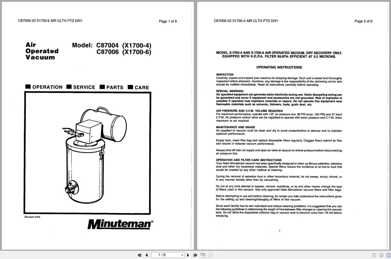 Minuteman Air Operated Vacuum C87004 C87006 Operation Service Parts Care 987807 (1)