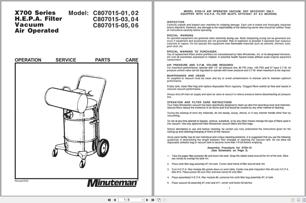 Minuteman Air Vacuum C807015 01 To C807015 06 Operation Service Parts Care 987808 2002 (1)