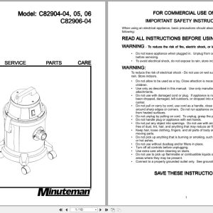 Minuteman Allergy Vacuum C82904 04 To C82906 04 Operation Service Parts 987625 2005 (1)