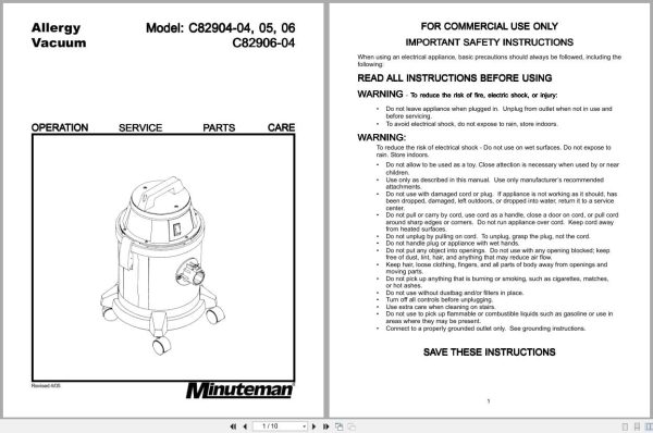 Minuteman Allergy Vacuum C82904 04 To C82906 04 Operation Service Parts 987625 2005 (1)
