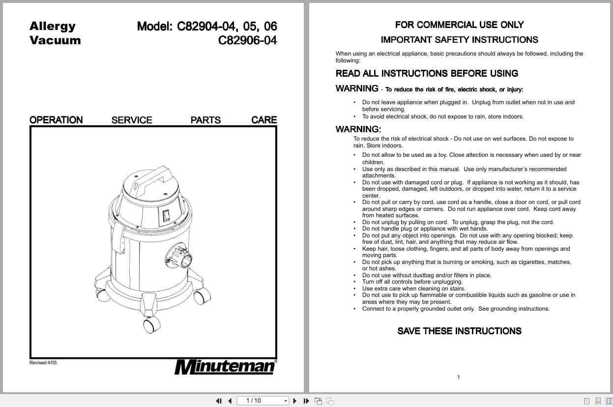 Minuteman Allergy Vacuum C82904 04 To C82906 04 Operation Service Parts 987625 2005 (1)