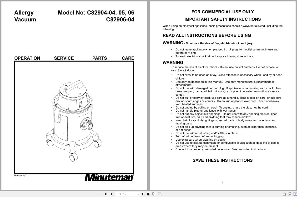 Minuteman Allergy Vacuum C82904 C82906 Operation Service Parts Care (1)