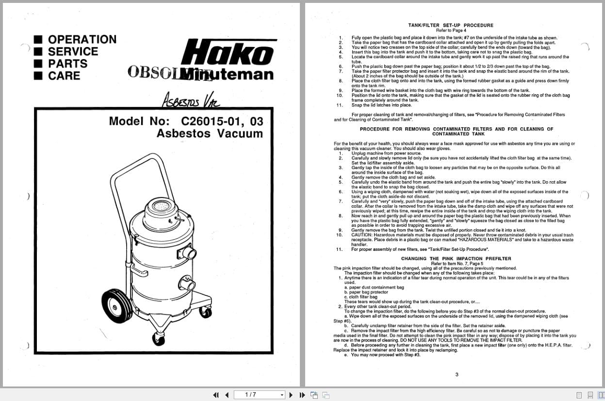 Minuteman Asbestos Vacuum C26015 01 C26015 03 Operation Service Parts (1)
