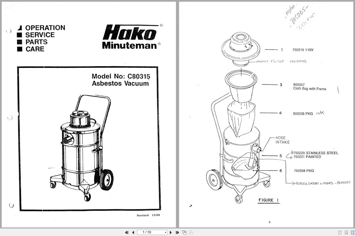 Minuteman Asbestos Vacuum C80315 Operation Service Parts (1)