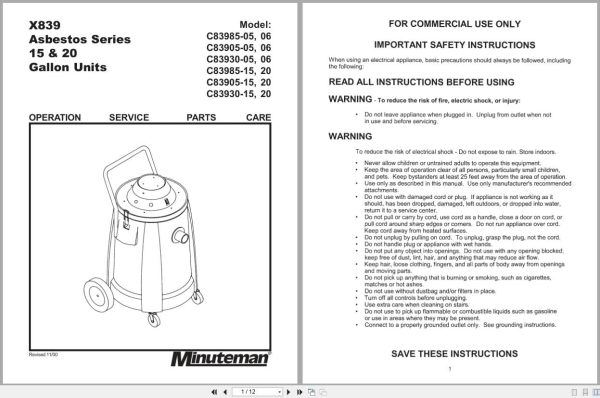Minuteman Asbestos Vacuum C83985 05 To C83930 20 Operation Service Parts 987848 2000 (1)