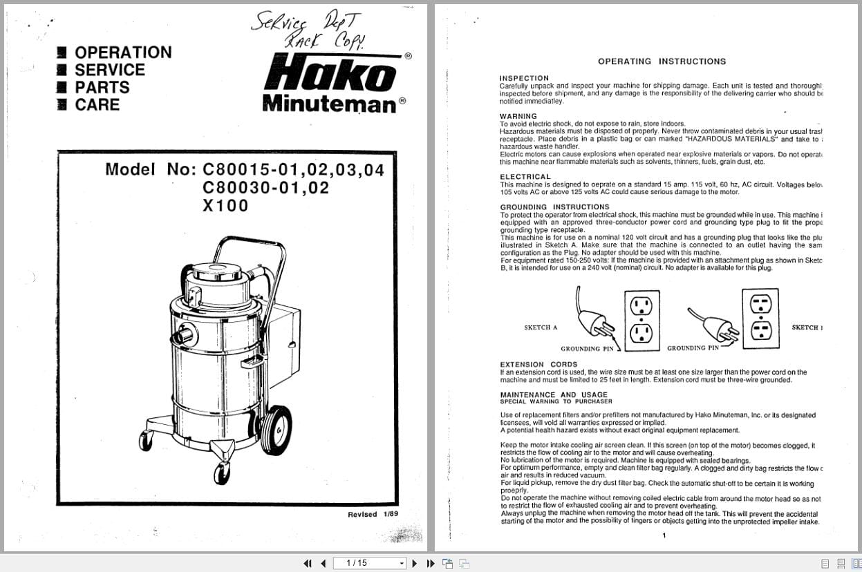 Minuteman Asbestos Vacuum X100 C80015 01 To C80030 02 Operation Service Parts (1)