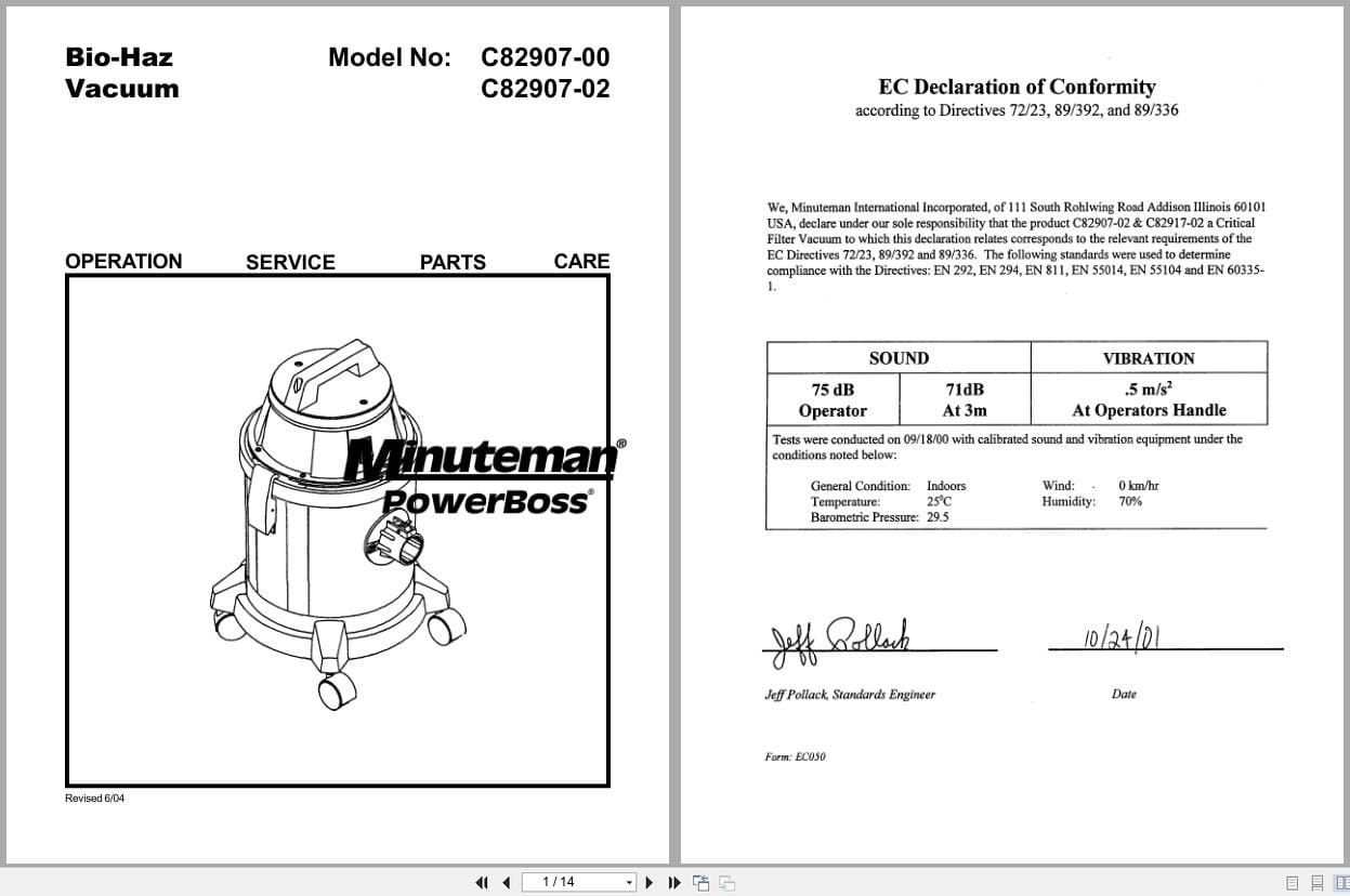 Minuteman Bio Haz Vacuum C82907 00 C82907 02 Operation Service Parts 987815 1 2004 (1)
