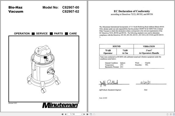Minuteman Bio Haz Vacuum C82907 00 C82907 02 Operation Service Parts Care (1)