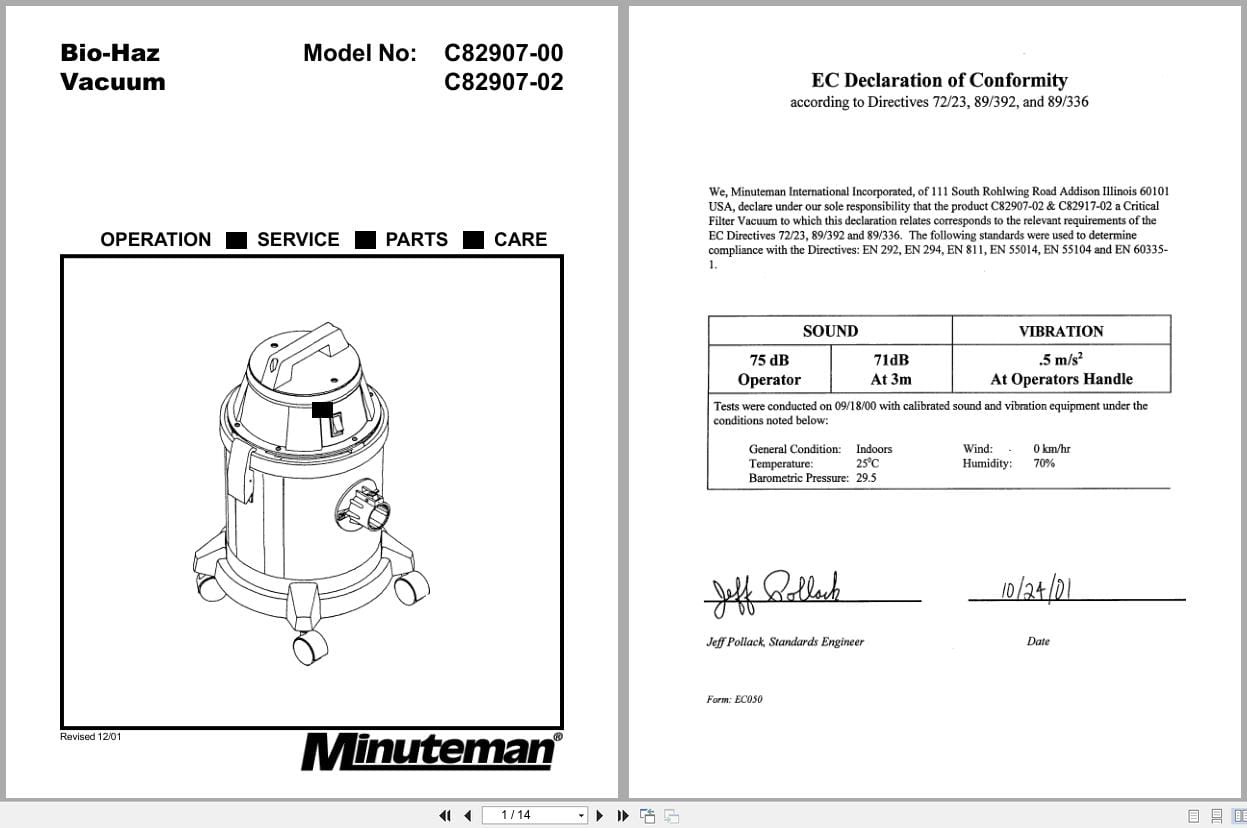 Minuteman Bio Haz Vacuum C82907 00 C82907 02 Operation Service Parts Care 987815 1 2001 (1)