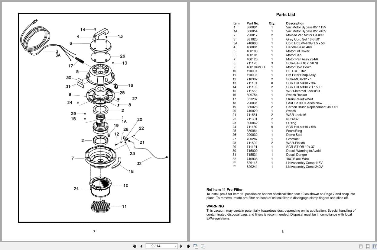 Minuteman Bio Haz Vacuum C82907 00 C82907 02 Operation Service Parts Care 987815 1 2001 (3)