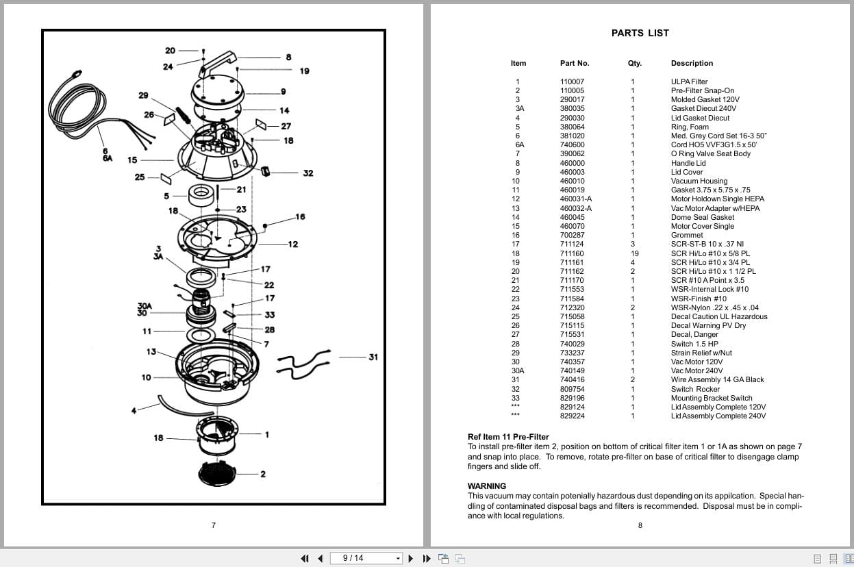 Minuteman Bio Haz Vacuum C82917 00 C82917 02 Operation Service Parts 987209 1 2002 (2)
