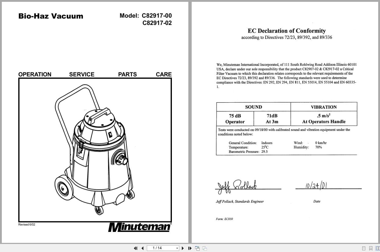 Minuteman Bio Haz Vacuum C82917 00 C82917 02 Operation Service Parts Care 987209 1 2002 (1)