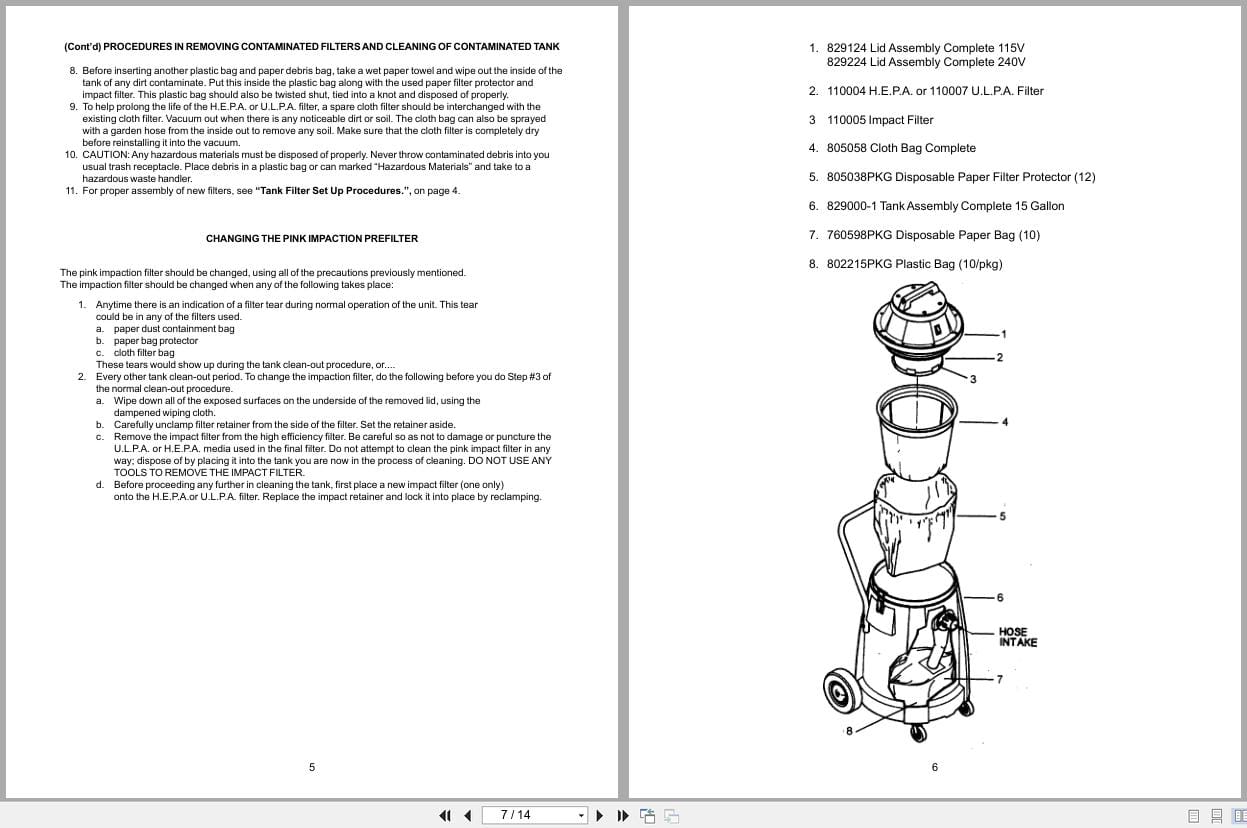 Minuteman Bio Haz Vacuum C82917 00 C82917 02 Operation Service Parts Care 987209 1 2002 (2)