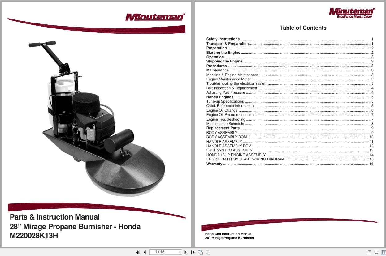 Minuteman Burnisher 28Inch M220028K13H Parts Instruction Manual 999379 2010 (1)