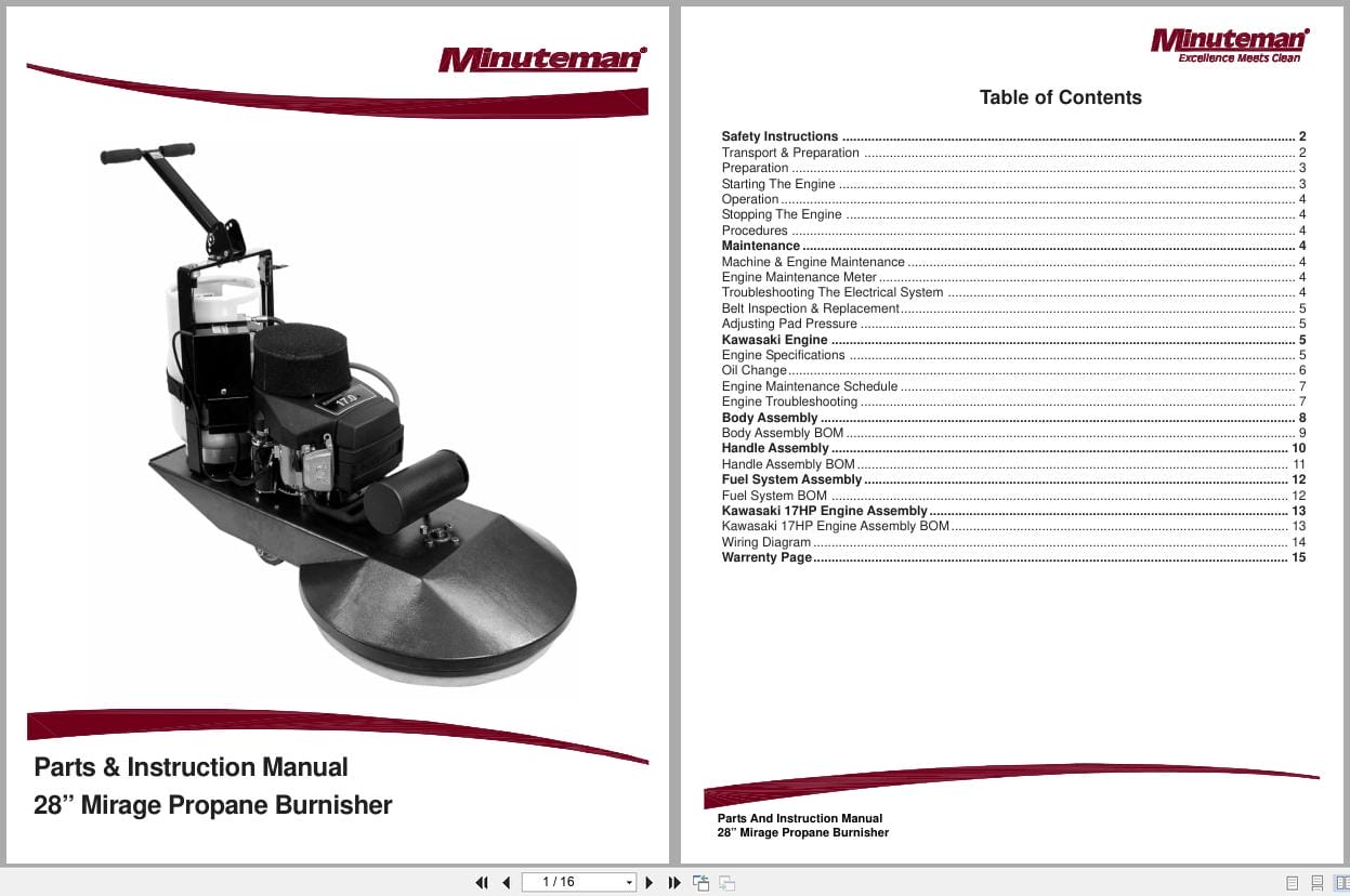 Minuteman Burnisher 28Inch M220028K17A Parts Instruction Manual 999378 2009 (1)