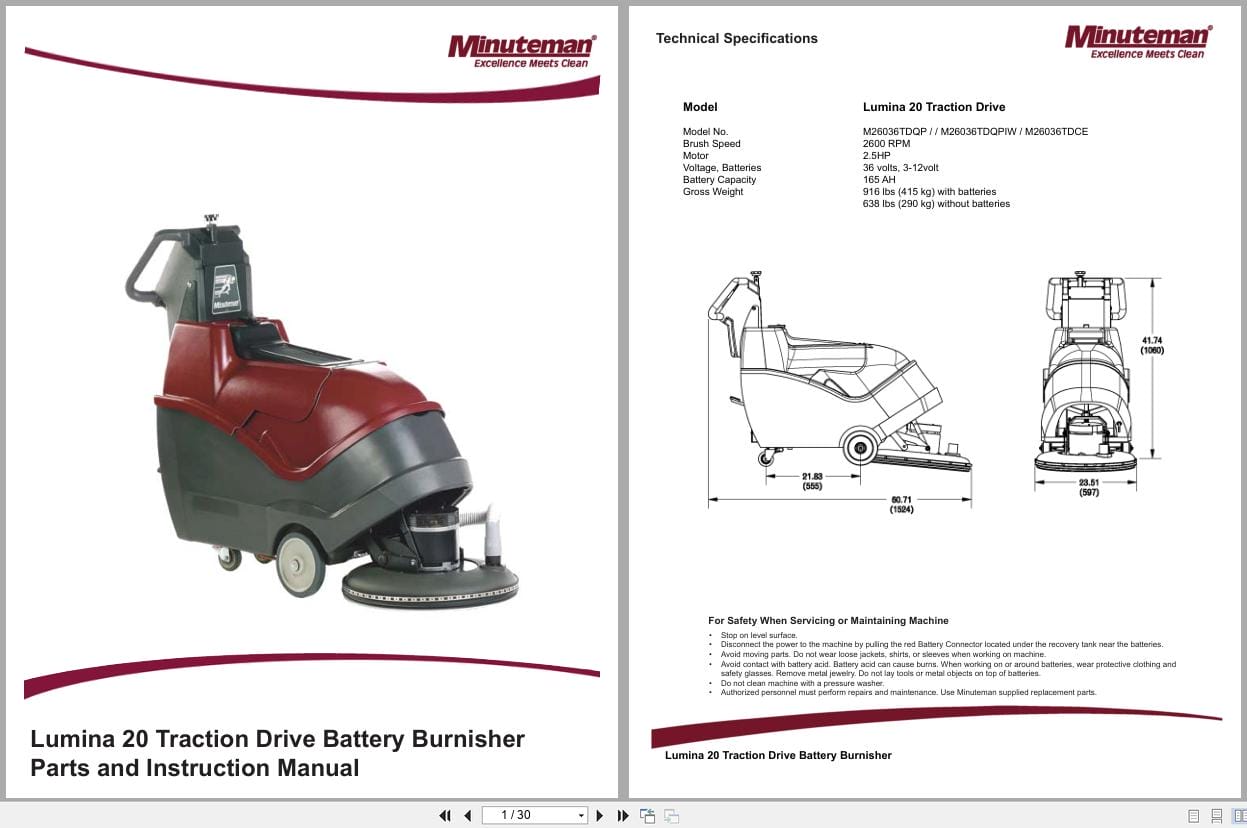 Minuteman Burnisher Lumina 20 M26036TDQP M26036TDQPIW M26036TDCE Parts Instruction Manual 988172 2018 (1)