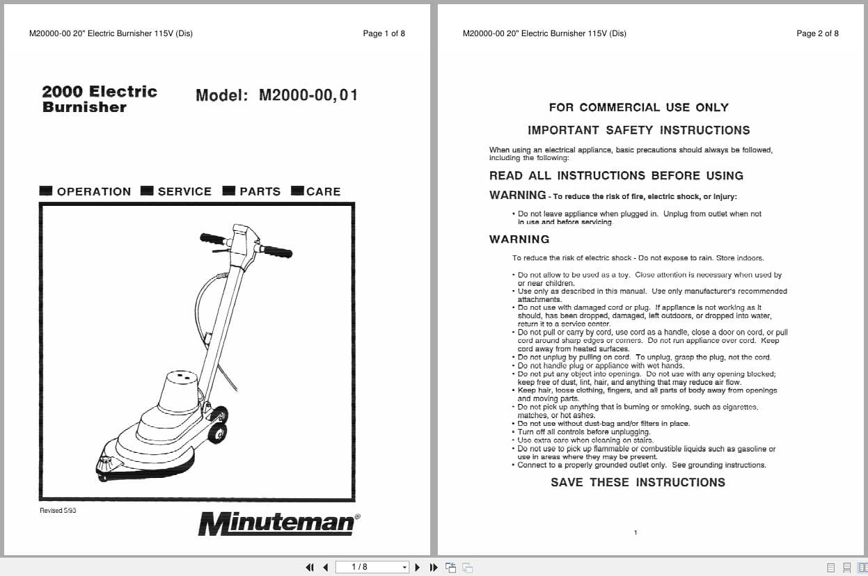 Minuteman Burnisher M2000 00 M2000 01 Operation Service Parts Care 986704 (1)