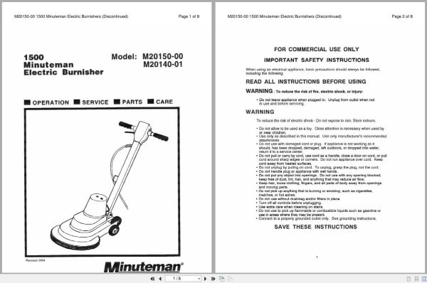 Minuteman Burnisher M20150 00 M20140 01 Operation Service Parts Care 986171 (1) Minuteman Burnisher M20150 00 M20140 01 Operation Service Parts Care 986171 (1)