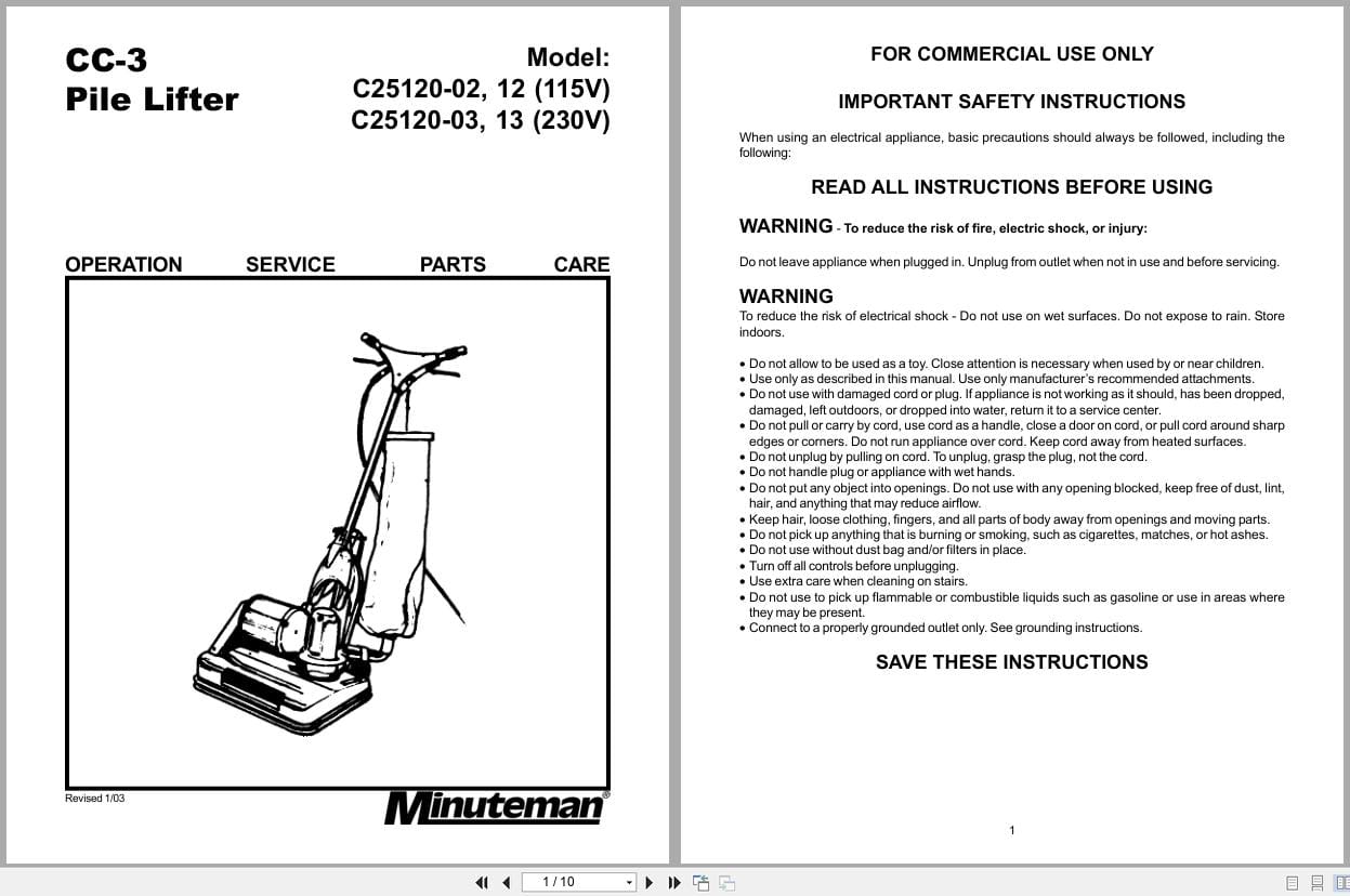 Minuteman CC 3 Pile Lifter C25120 02 To C25120 13 Operation Service Parts Care (1)