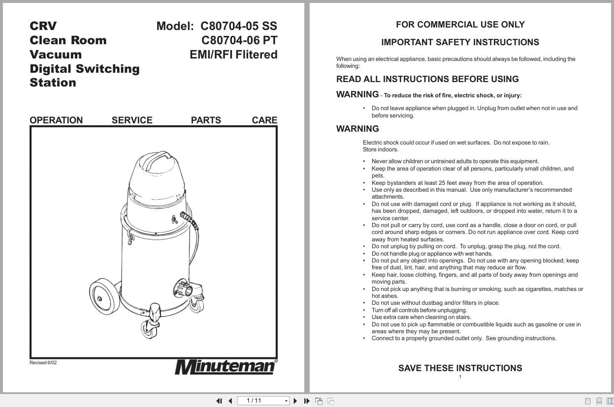 Minuteman CRV Vacuum C80704 05SS C80704 06PT Operation Service Parts 987917 2002 (1)