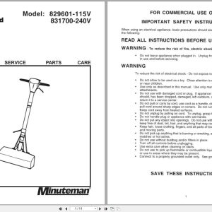 Minuteman Carpet Extractor 829601 115V 831700 240V Operation Service Parts Care 985601 (1)