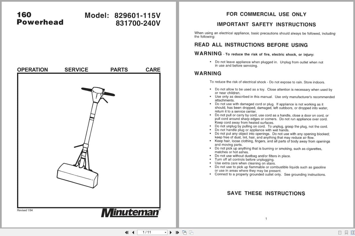 Minuteman Carpet Extractor 829601 115V 831700 240V Operation Service Parts Care 985601 (1)