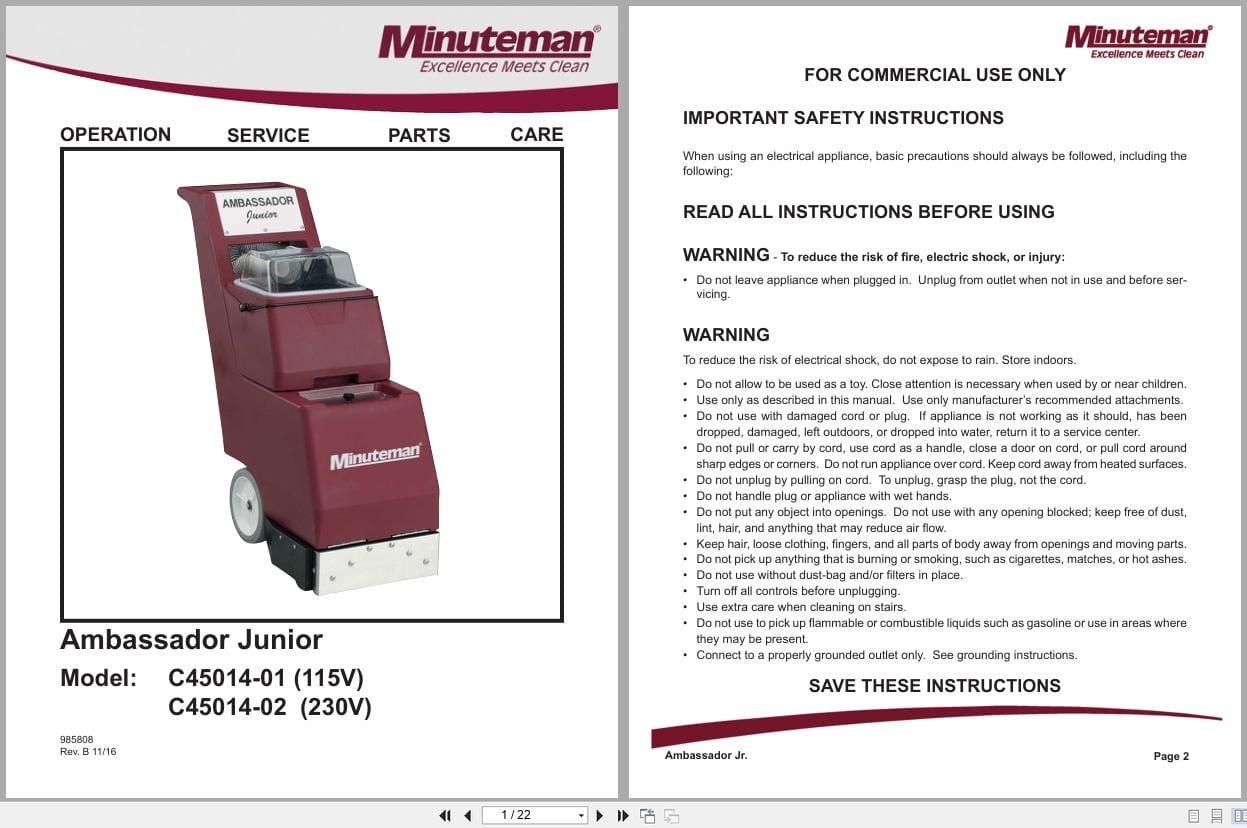 Minuteman Carpet Extractor Ambassador Junior C45014 02 Operation Service Parts Care (1)