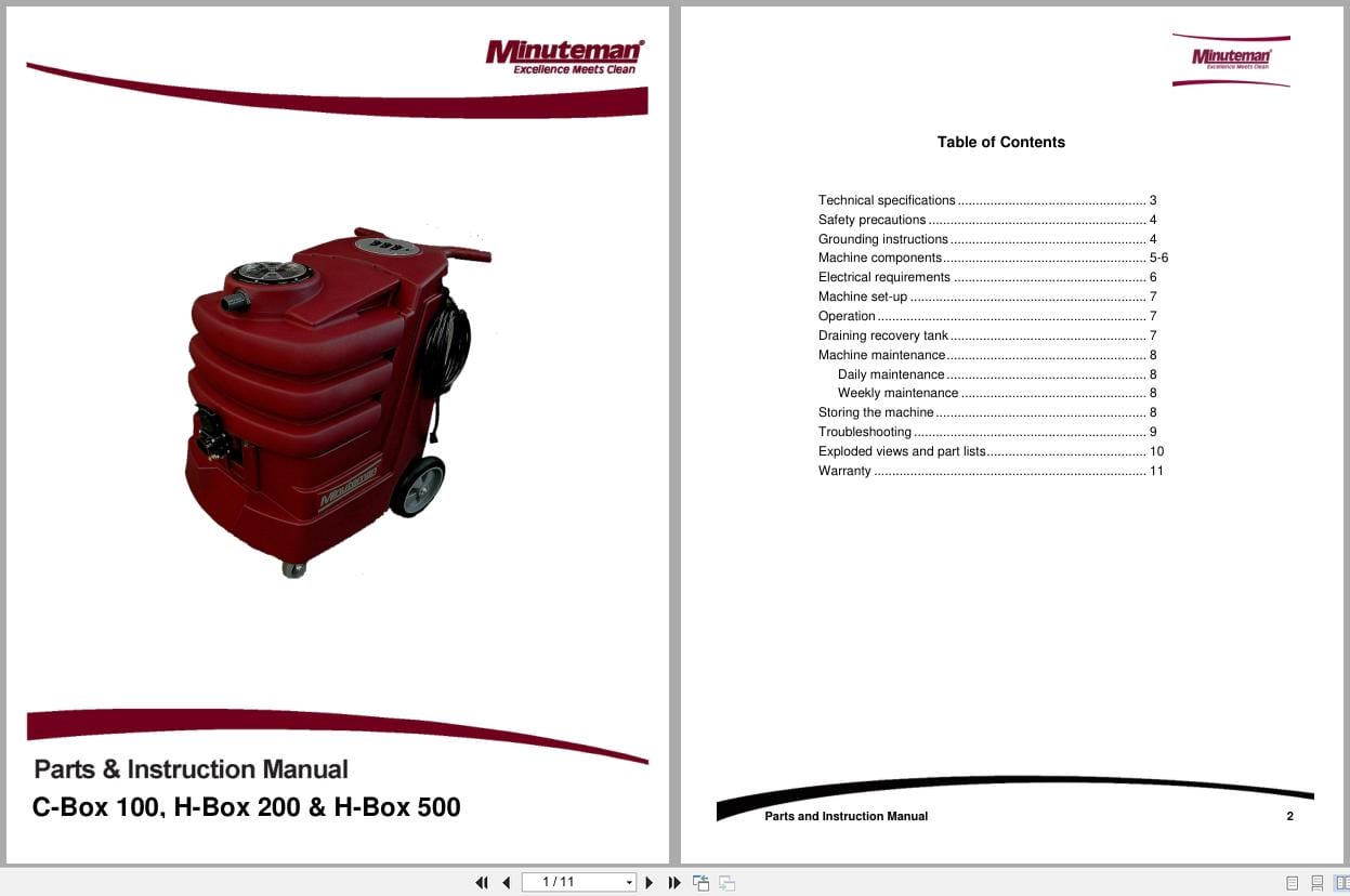 Minuteman Carpet Extractor C Box 100 H Box 200 500 Parts Instruction Manual 988744 2013 (1)