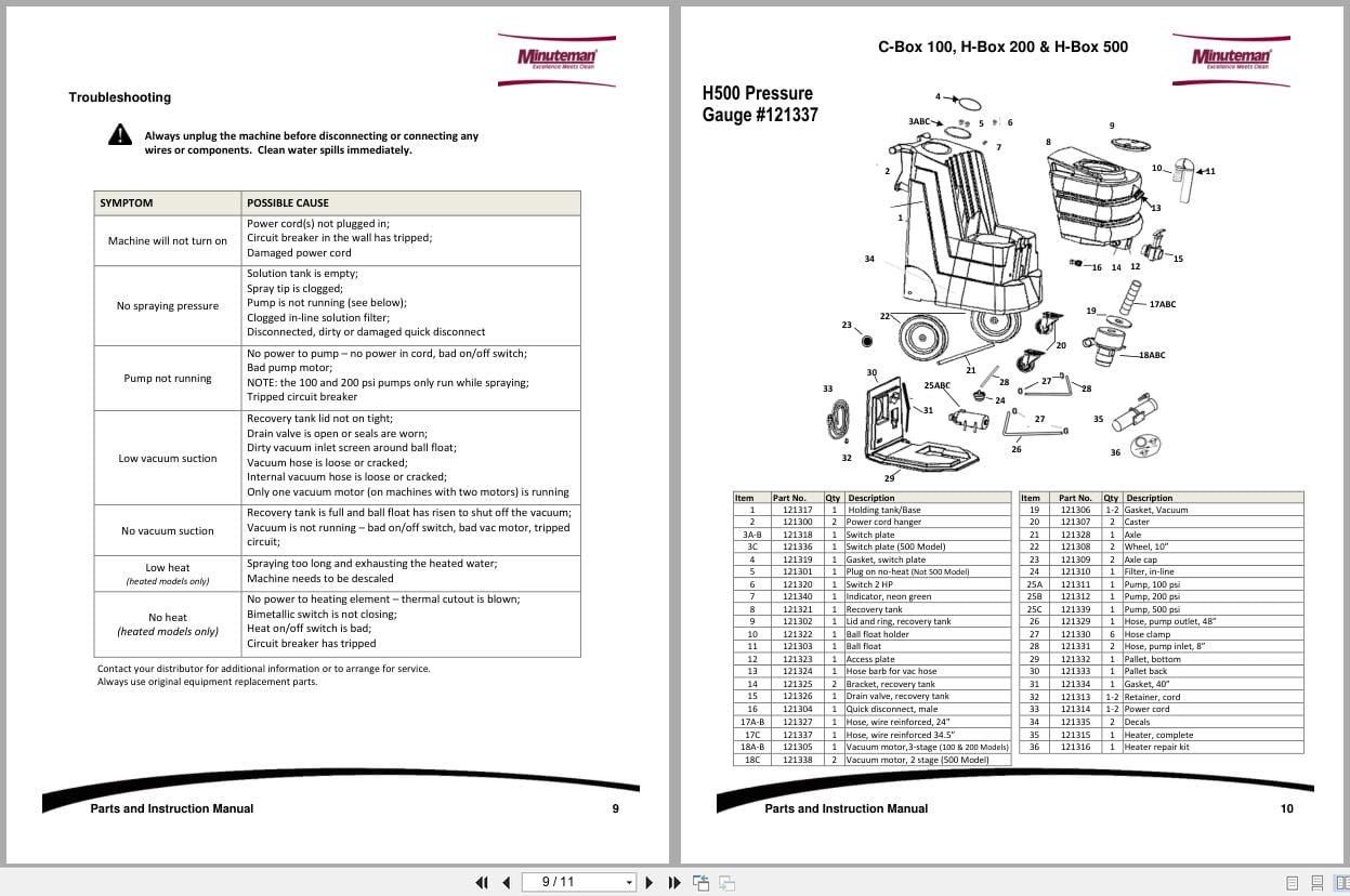 Minuteman Carpet Extractor C Box 100 H Box 200 500 Parts Instruction Manual 988744 2013 (3)