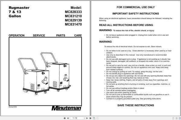 Minuteman Carpet Extractor MC828333 To MC831470 Operation Service Parts 985721 2002 (1) Minuteman Carpet Extractor Mc828333 To Mc831470 Operation Service Parts 985721 2002 (1)
