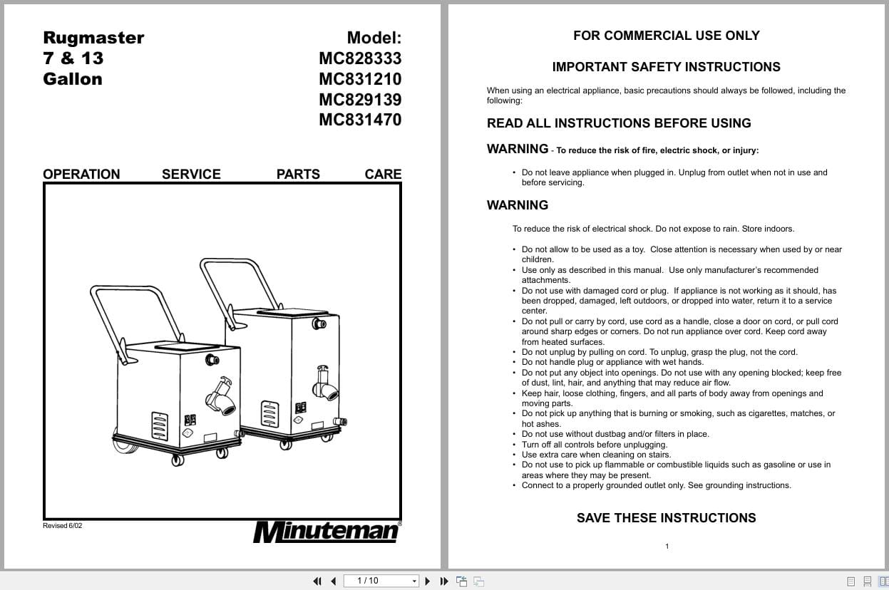 Minuteman Carpet Extractor MC828333 To MC831470 Operation Service Parts 985721 2002 (1)