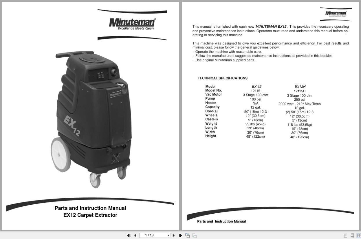 Minuteman Carpet Extractors EX12 Parts Instruction Manual (1)