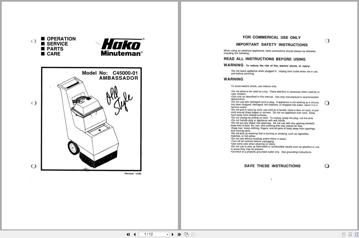 Minuteman Carpet Scrubber Ambassador C45000 01 Operation Service Parts Care 985806 (1)
