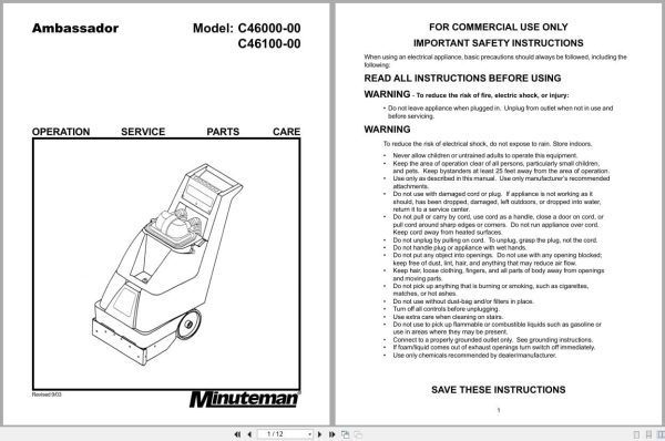Minuteman Carpet Scrubber Ambassador C46000 00 C46100 00 Operation Service Parts Care (1)