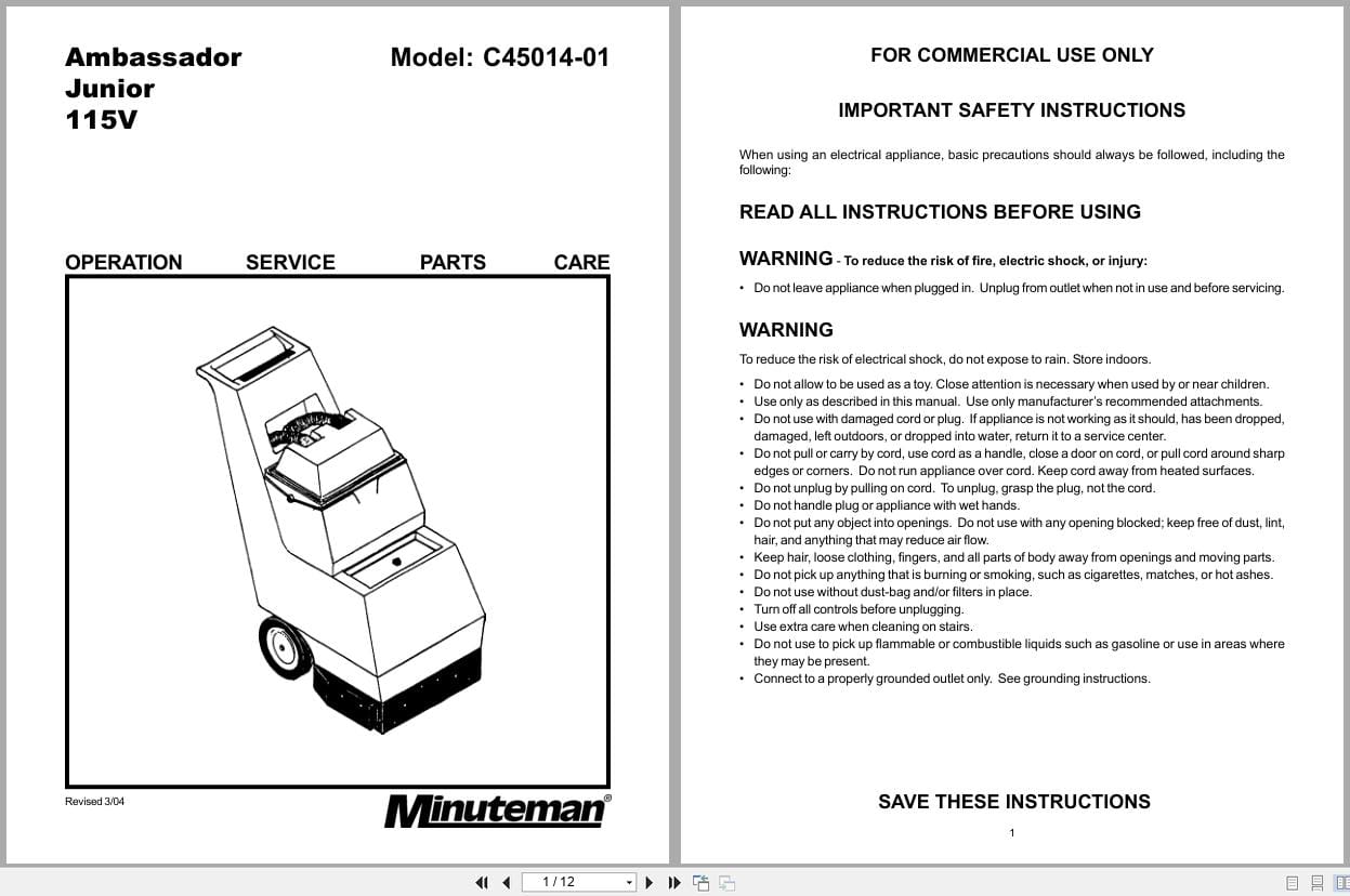 Minuteman Carpet Scrubber Ambassador Junior C45014 01 Operation Service Parts 985808 2004 (1)