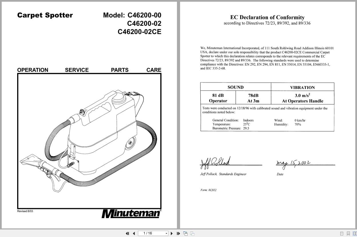 Minuteman Carpet Spotter C46200 00 C46200 02 C46200 02CE Operation Service Parts Care 988610 2003 (1)