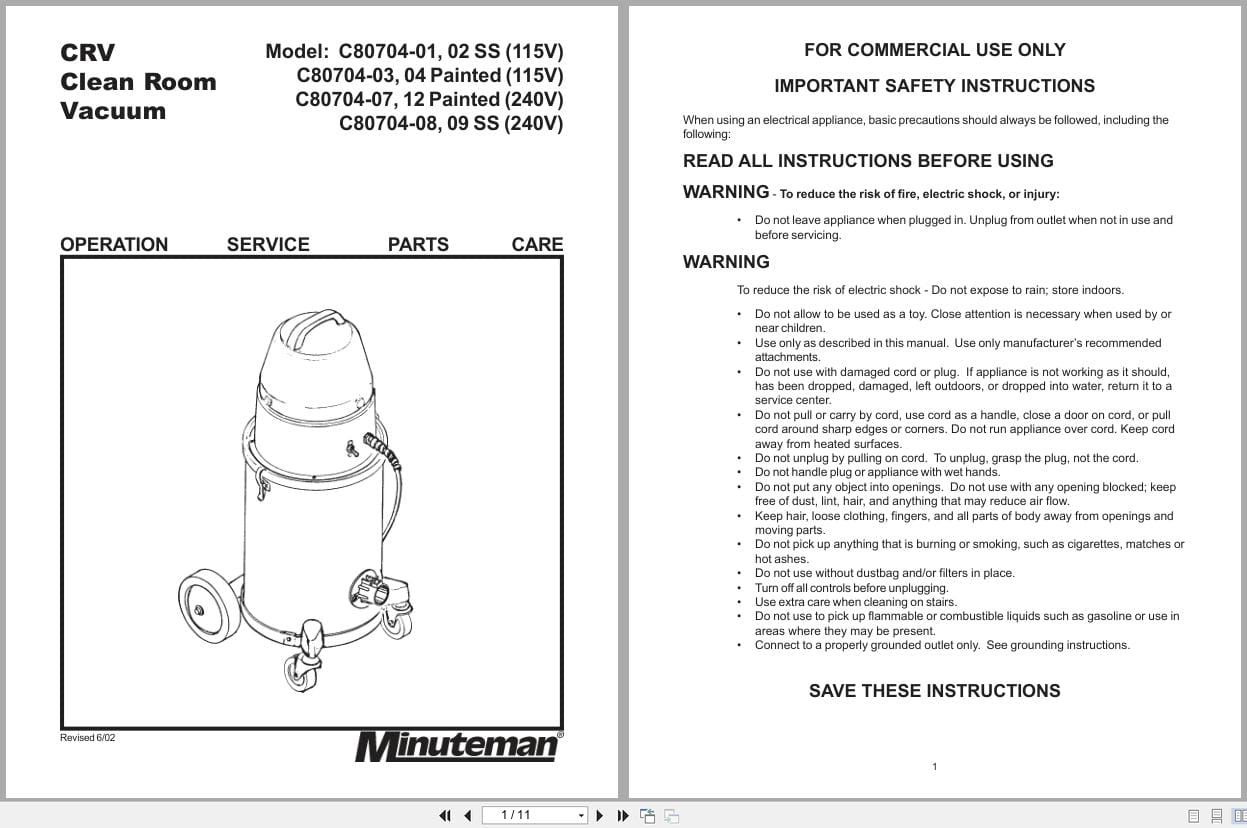Minuteman Clean Room Vacuum CRV Series Operation Service Parts Care (1)