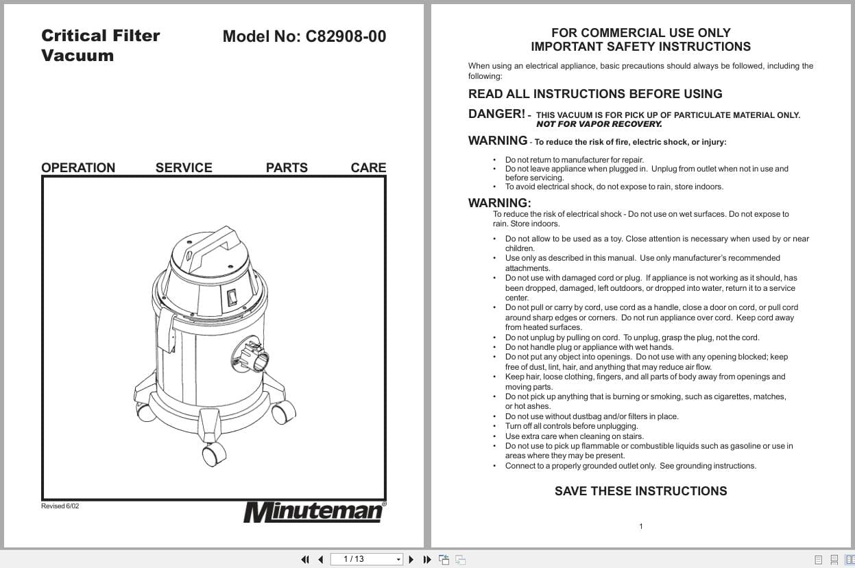 Minuteman Critical Filter Vacuum C82908 00 Operation Service Parts 987814 2 2002 (1)