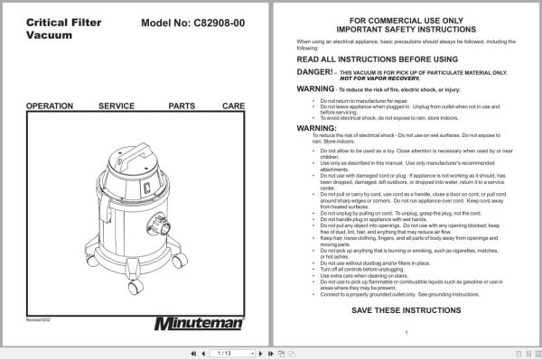 Minuteman Critical Filter Vacuum C82908 00 Operation Service Parts Care 987814 2 2002 (1)