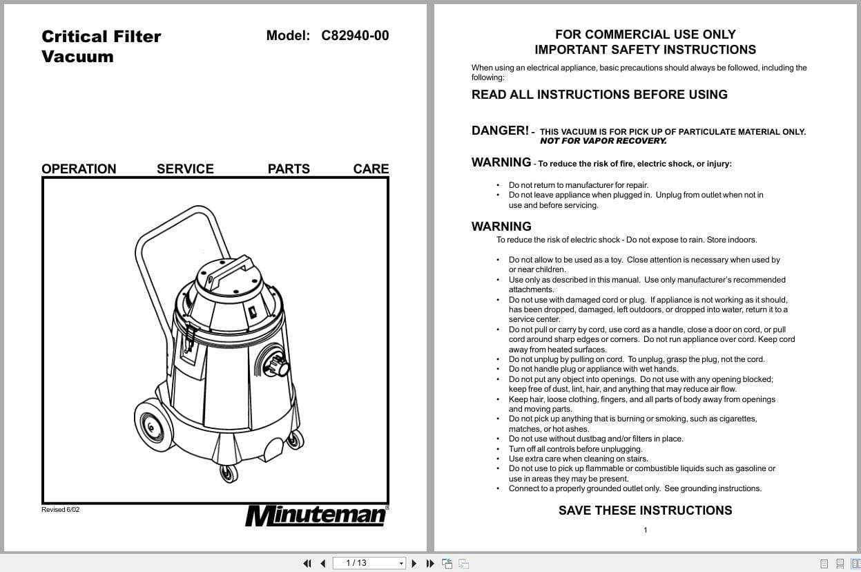 Minuteman Critical Filter Vacuum C82940 00 Operation Service Parts 987209 2 2002 (1)