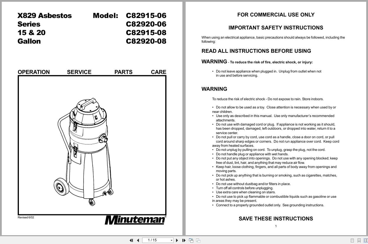 Minuteman Critical Filter Vacuum X829 C82915 C82920 Service Operation Parts Manual (1)