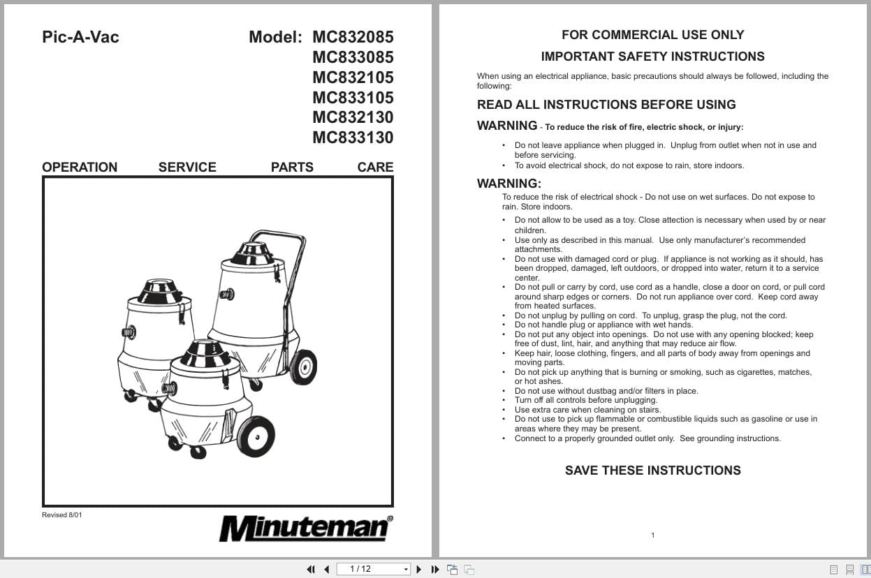 Minuteman Electric Tank Vacuum Pic A Vac MC832085 To MC833130 Operation Service Parts 987309 2001 (1)