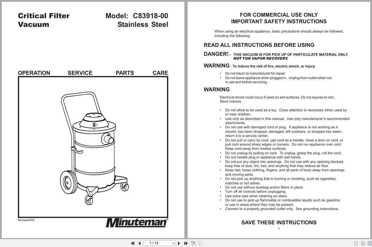 Minuteman Filter Vacuum C83918 00 Stainless Steel Operation Service Parts Care 987846 2 2002 (1)