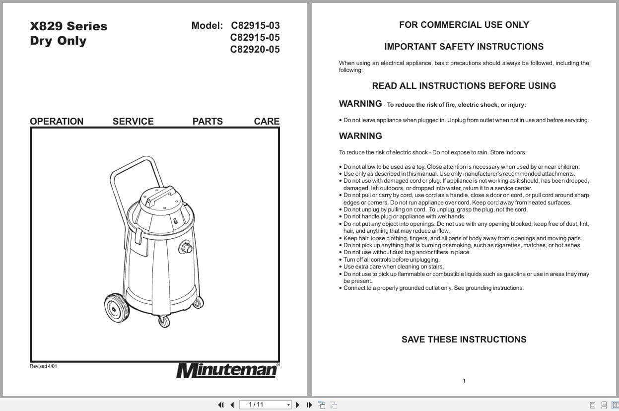 Minuteman Filter Vacuum X829 C82915 C82920 Operation Service Parts Care 987209 2001 (1)